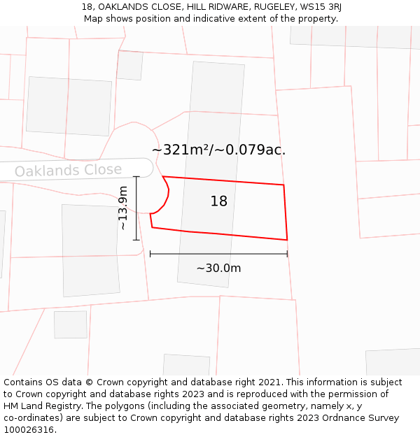 18, OAKLANDS CLOSE, HILL RIDWARE, RUGELEY, WS15 3RJ: Plot and title map