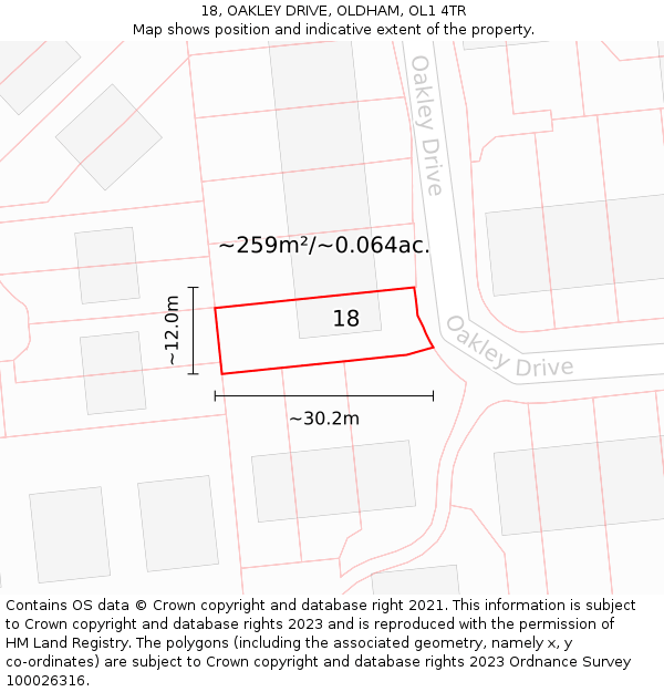 18, OAKLEY DRIVE, OLDHAM, OL1 4TR: Plot and title map