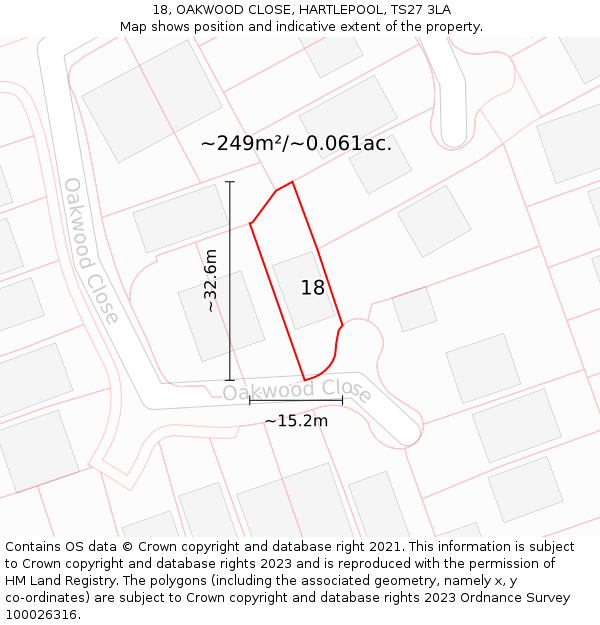 18, OAKWOOD CLOSE, HARTLEPOOL, TS27 3LA: Plot and title map