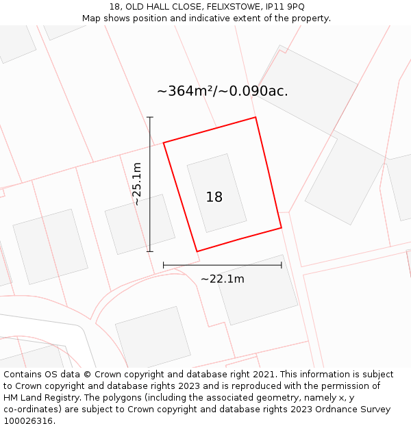 18, OLD HALL CLOSE, FELIXSTOWE, IP11 9PQ: Plot and title map