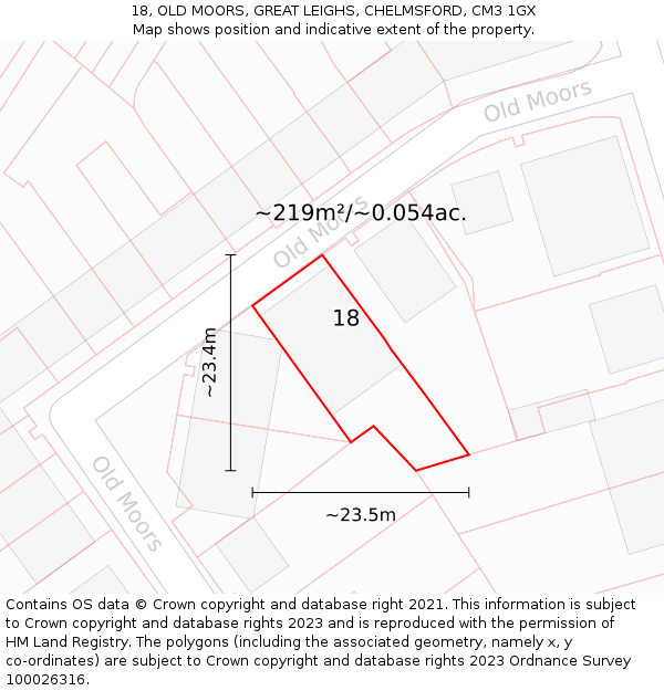 18, OLD MOORS, GREAT LEIGHS, CHELMSFORD, CM3 1GX: Plot and title map