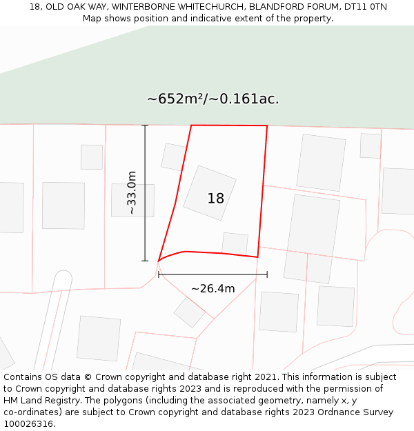 18, OLD OAK WAY, WINTERBORNE WHITECHURCH, BLANDFORD FORUM, DT11 0TN: Plot and title map