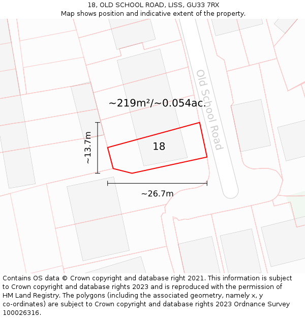 18, OLD SCHOOL ROAD, LISS, GU33 7RX: Plot and title map