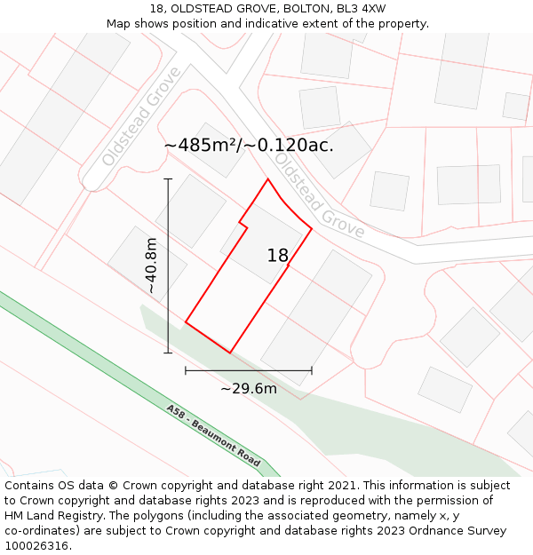18, OLDSTEAD GROVE, BOLTON, BL3 4XW: Plot and title map