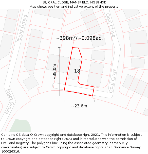 18, OPAL CLOSE, MANSFIELD, NG18 4XD: Plot and title map