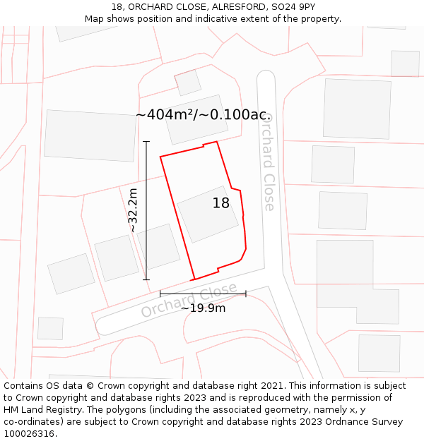 18, ORCHARD CLOSE, ALRESFORD, SO24 9PY: Plot and title map