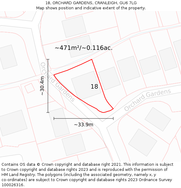 18, ORCHARD GARDENS, CRANLEIGH, GU6 7LG: Plot and title map