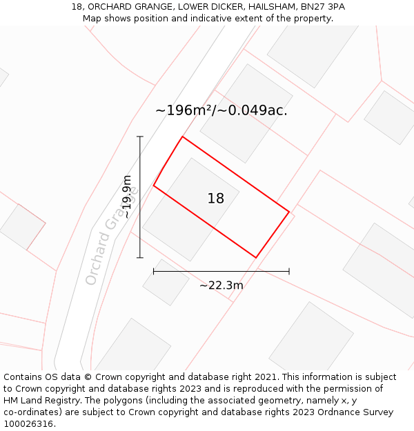 18, ORCHARD GRANGE, LOWER DICKER, HAILSHAM, BN27 3PA: Plot and title map