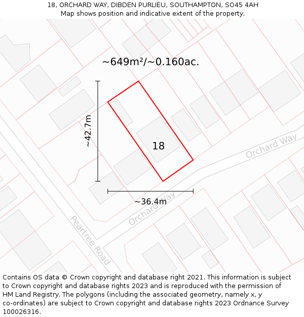 18, ORCHARD WAY, DIBDEN PURLIEU, SOUTHAMPTON, SO45 4AH: Plot and title map