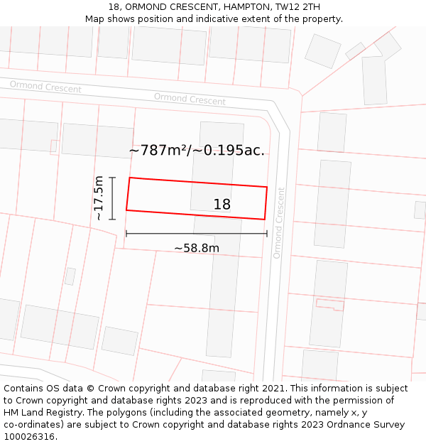 18, ORMOND CRESCENT, HAMPTON, TW12 2TH: Plot and title map