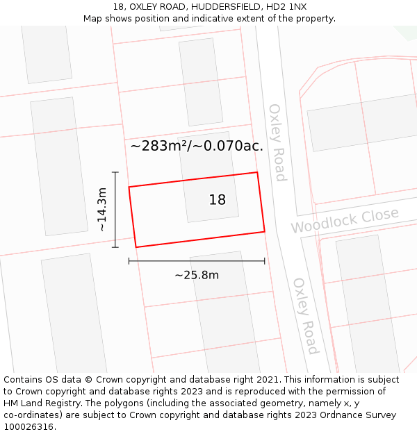 18, OXLEY ROAD, HUDDERSFIELD, HD2 1NX: Plot and title map