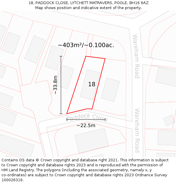 18, PADDOCK CLOSE, LYTCHETT MATRAVERS, POOLE, BH16 6AZ: Plot and title map