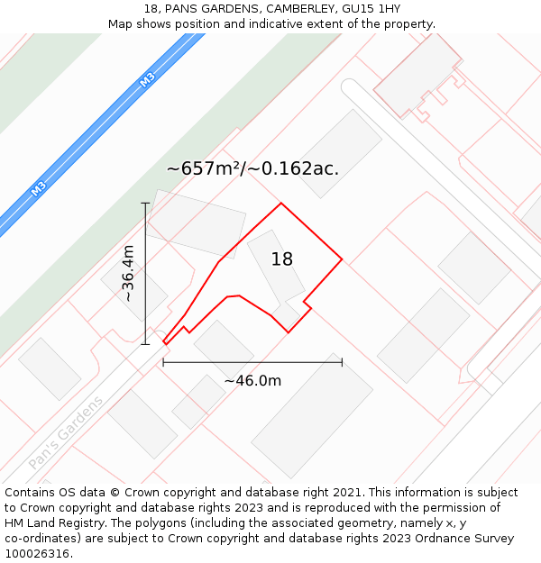 18, PANS GARDENS, CAMBERLEY, GU15 1HY: Plot and title map