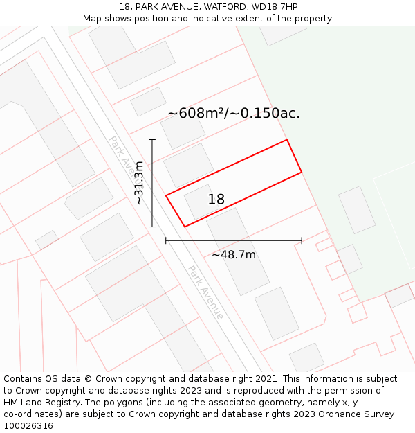 18, PARK AVENUE, WATFORD, WD18 7HP: Plot and title map