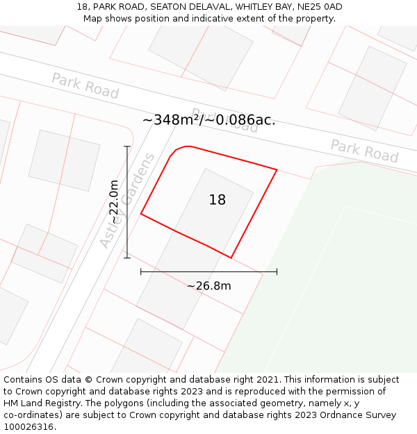 18, PARK ROAD, SEATON DELAVAL, WHITLEY BAY, NE25 0AD: Plot and title map