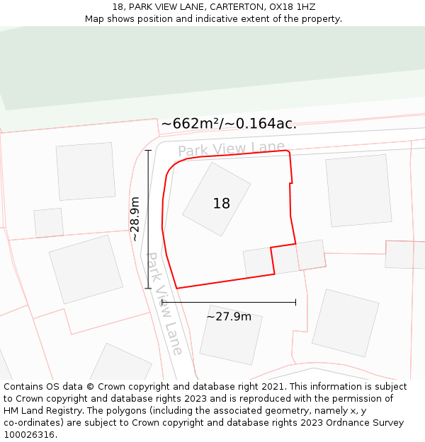 18, PARK VIEW LANE, CARTERTON, OX18 1HZ: Plot and title map