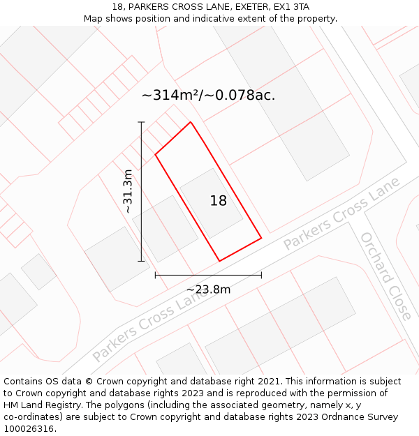 18, PARKERS CROSS LANE, EXETER, EX1 3TA: Plot and title map