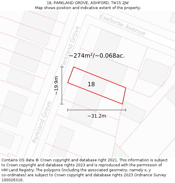 18, PARKLAND GROVE, ASHFORD, TW15 2JW: Plot and title map