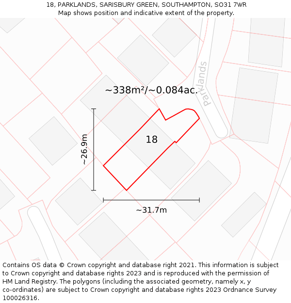 18, PARKLANDS, SARISBURY GREEN, SOUTHAMPTON, SO31 7WR: Plot and title map