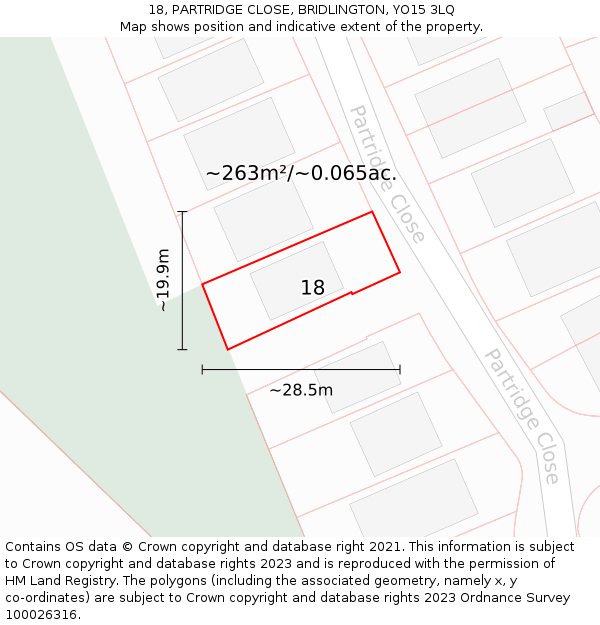 18, PARTRIDGE CLOSE, BRIDLINGTON, YO15 3LQ: Plot and title map