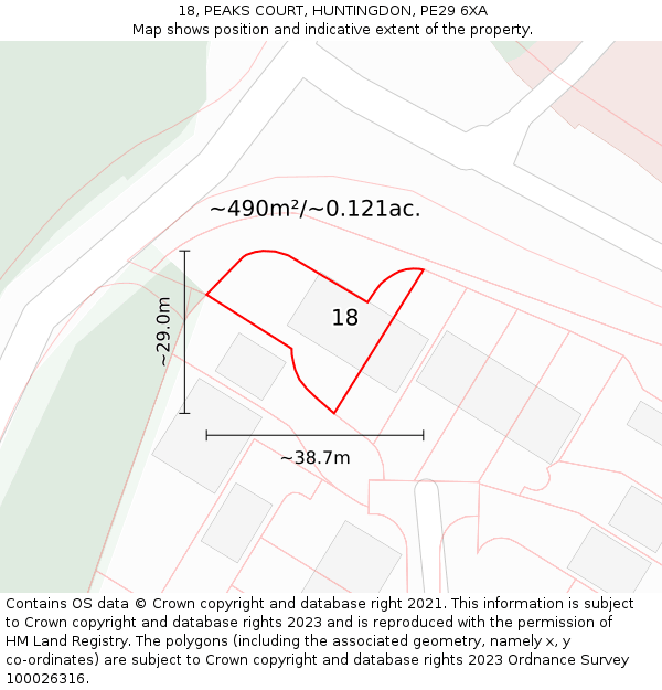 18, PEAKS COURT, HUNTINGDON, PE29 6XA: Plot and title map