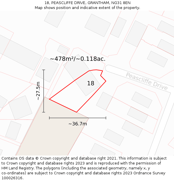 18, PEASCLIFFE DRIVE, GRANTHAM, NG31 8EN: Plot and title map