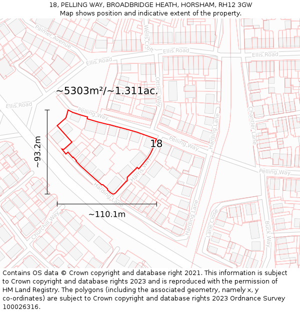 18, PELLING WAY, BROADBRIDGE HEATH, HORSHAM, RH12 3GW: Plot and title map