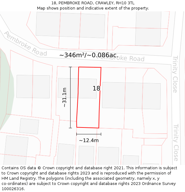 18, PEMBROKE ROAD, CRAWLEY, RH10 3TL: Plot and title map