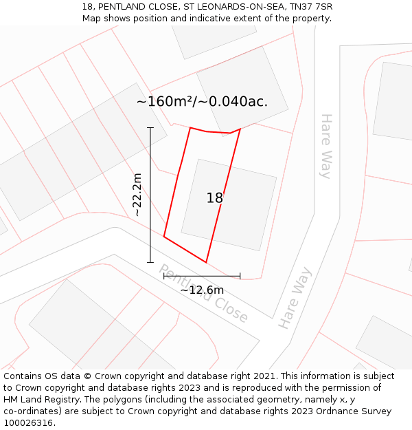 18, PENTLAND CLOSE, ST LEONARDS-ON-SEA, TN37 7SR: Plot and title map