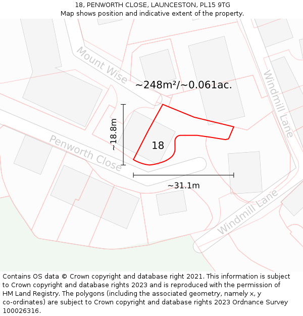 18, PENWORTH CLOSE, LAUNCESTON, PL15 9TG: Plot and title map