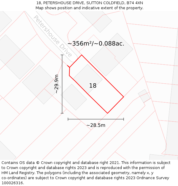 18, PETERSHOUSE DRIVE, SUTTON COLDFIELD, B74 4XN: Plot and title map
