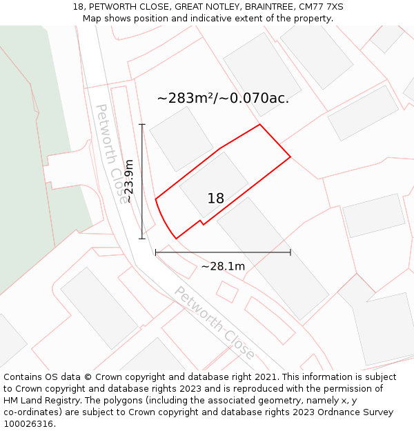 18, PETWORTH CLOSE, GREAT NOTLEY, BRAINTREE, CM77 7XS: Plot and title map