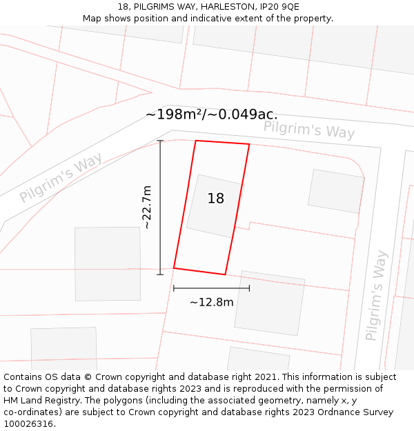 18, PILGRIMS WAY, HARLESTON, IP20 9QE: Plot and title map