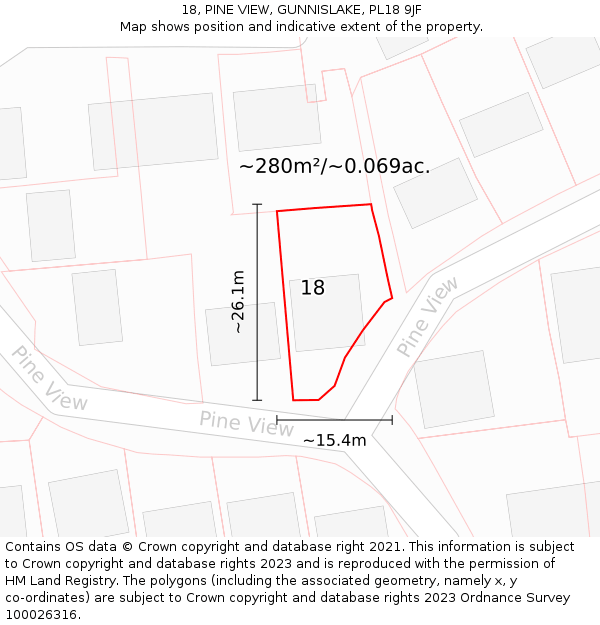 18, PINE VIEW, GUNNISLAKE, PL18 9JF: Plot and title map