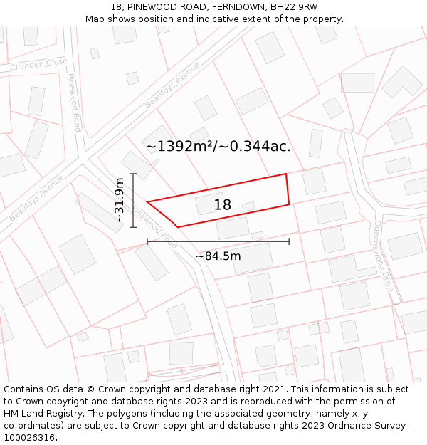 18, PINEWOOD ROAD, FERNDOWN, BH22 9RW: Plot and title map