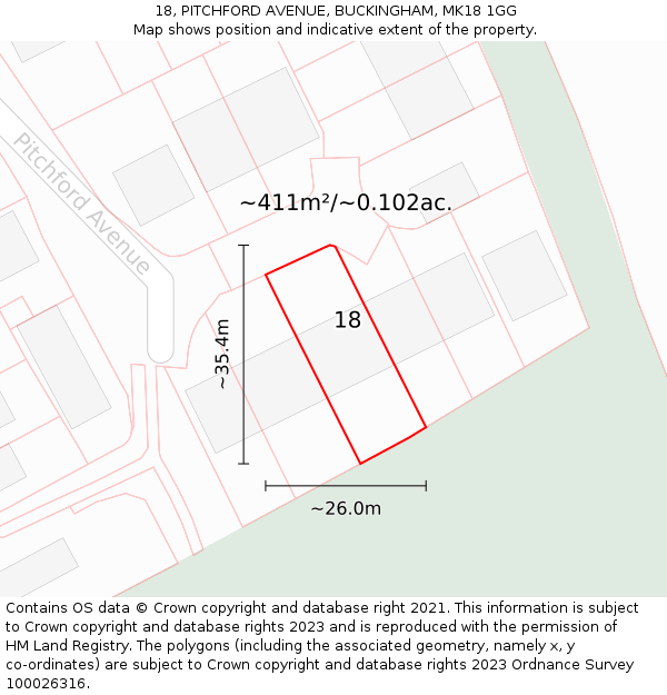 18, PITCHFORD AVENUE, BUCKINGHAM, MK18 1GG: Plot and title map