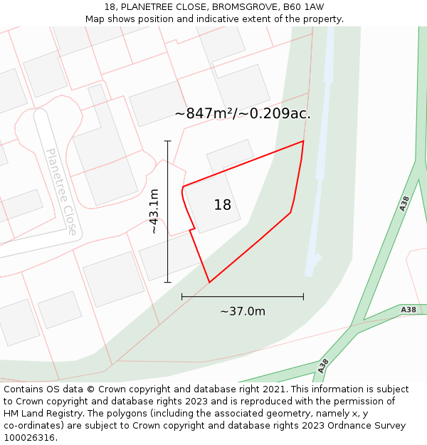 18, PLANETREE CLOSE, BROMSGROVE, B60 1AW: Plot and title map