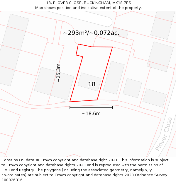 18, PLOVER CLOSE, BUCKINGHAM, MK18 7ES: Plot and title map