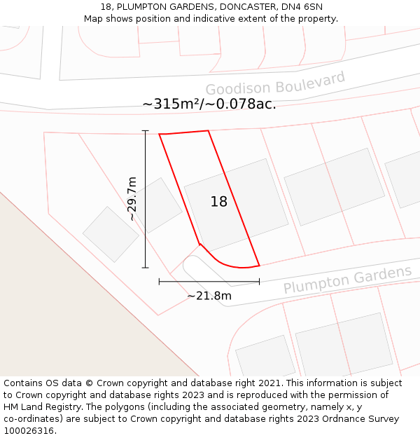 18, PLUMPTON GARDENS, DONCASTER, DN4 6SN: Plot and title map