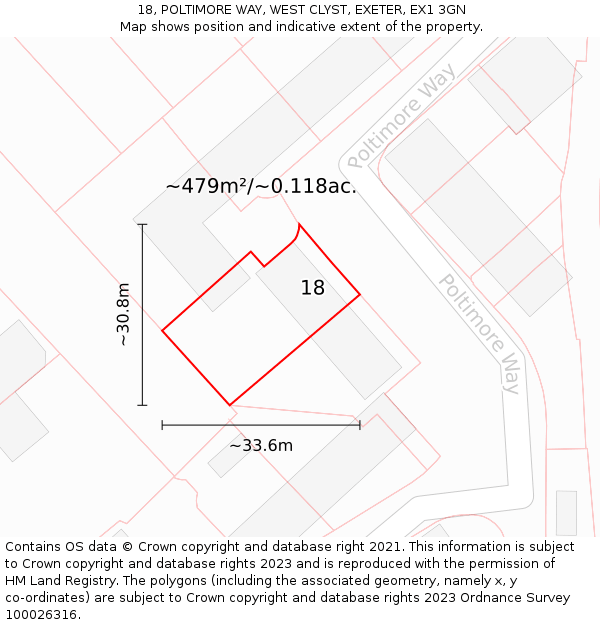 18, POLTIMORE WAY, WEST CLYST, EXETER, EX1 3GN: Plot and title map