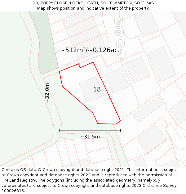 18, POPPY CLOSE, LOCKS HEATH, SOUTHAMPTON, SO31 6XS: Plot and title map