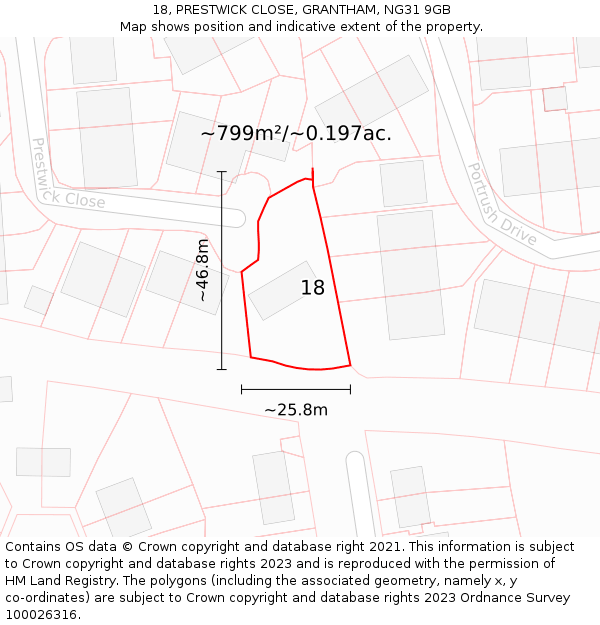 18, PRESTWICK CLOSE, GRANTHAM, NG31 9GB: Plot and title map