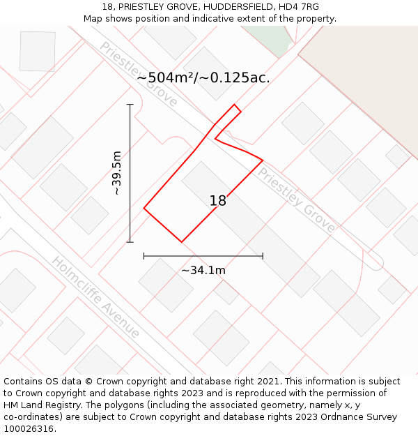 18, PRIESTLEY GROVE, HUDDERSFIELD, HD4 7RG: Plot and title map