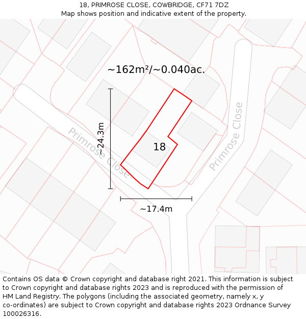 18, PRIMROSE CLOSE, COWBRIDGE, CF71 7DZ: Plot and title map