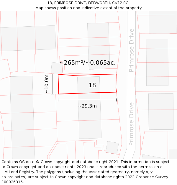 18, PRIMROSE DRIVE, BEDWORTH, CV12 0GL: Plot and title map