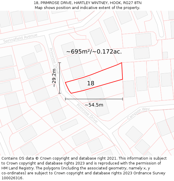 18, PRIMROSE DRIVE, HARTLEY WINTNEY, HOOK, RG27 8TN: Plot and title map