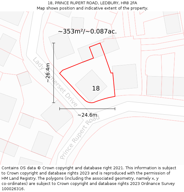 18, PRINCE RUPERT ROAD, LEDBURY, HR8 2FA: Plot and title map