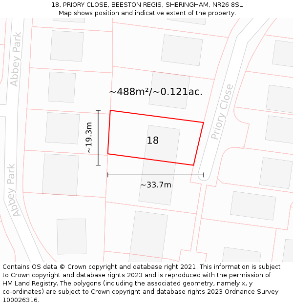 18, PRIORY CLOSE, BEESTON REGIS, SHERINGHAM, NR26 8SL: Plot and title map