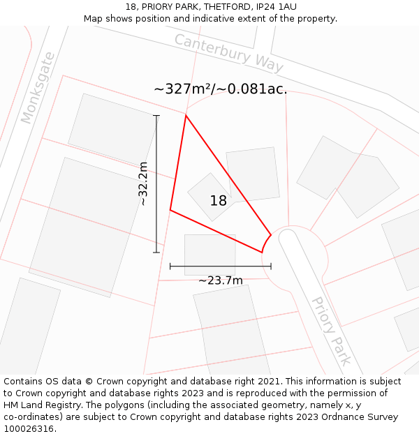 18, PRIORY PARK, THETFORD, IP24 1AU: Plot and title map