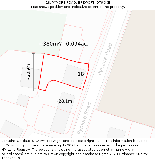 18, PYMORE ROAD, BRIDPORT, DT6 3XE: Plot and title map